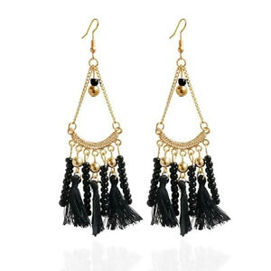 Vintage 90s Victorian Style Black Gold Tassels Glass Beads Chandelier Earrings